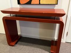 Karl Springer MODERN DEEP RED LACQUERED CONSOLE WITH CHROME ROD ACCENTS - 2803633