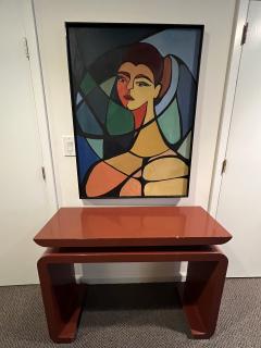 Karl Springer MODERN DEEP RED LACQUERED CONSOLE WITH CHROME ROD ACCENTS - 2811153