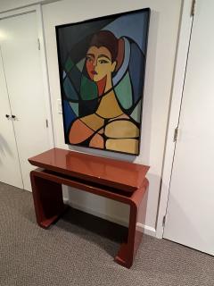 Karl Springer MODERN DEEP RED LACQUERED CONSOLE WITH CHROME ROD ACCENTS - 2811156