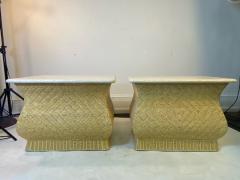 Karl Springer MODERN PAIR OF TRAVERTINE AND WICKER CORSETTED TABLES - 1688212