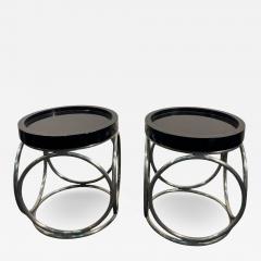 Karl Springer MODERNIST BLACK LACQUER TUBULAR CHROME TABOURET TABLES - 4648585