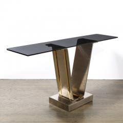 Karl Springer Mid Century Brass Stainless Steel Glass Tulip Console Table by Karl Springer - 3925894