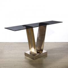 Karl Springer Mid Century Brass Stainless Steel Glass Tulip Console Table by Karl Springer - 3925939