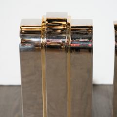 Karl Springer Modernist Art Deco Inspired Nickel and Brass Andirons Manner of Karl Springer - 1579344