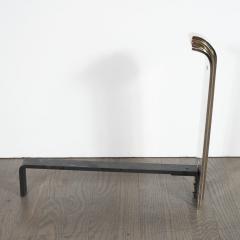 Karl Springer Modernist Art Deco Inspired Nickel and Brass Andirons Manner of Karl Springer - 1579348