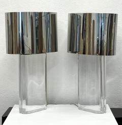 Karl Springer Pair Karl Springer Lucite Table Lamps with Original Polished Steel Shades - 2993159