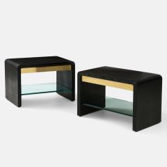 Karl Springer Rare Pair of Waterfall Side Tables in Black Lizard Leather Brass and Glass - 2136791