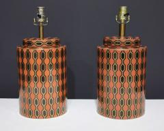 Kelly Hoppen Kelly Hoppen Porcelain Tea Jar Lamps in Orange Gold and Brown Geometric Pattern - 2336614