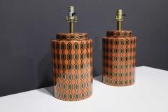 Kelly Hoppen Kelly Hoppen Porcelain Tea Jar Lamps in Orange Gold and Brown Geometric Pattern - 2336615