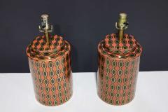 Kelly Hoppen Kelly Hoppen Porcelain Tea Jar Lamps in Orange Gold and Brown Geometric Pattern - 2336616