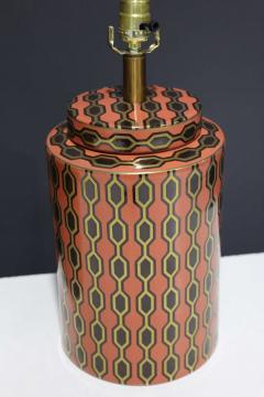 Kelly Hoppen Kelly Hoppen Porcelain Tea Jar Lamps in Orange Gold and Brown Geometric Pattern - 2336618