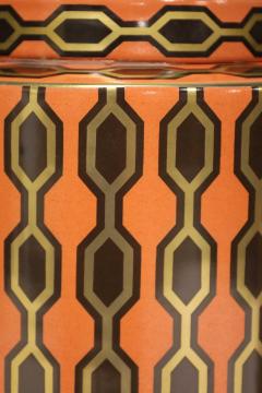 Kelly Hoppen Kelly Hoppen Porcelain Tea Jar Lamps in Orange Gold and Brown Geometric Pattern - 2336622