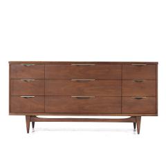 Kent Coffey Kent Coffey Tableau Mid Century Walnut and Brass 9 Drawer Lowboy Dresser - 3935459