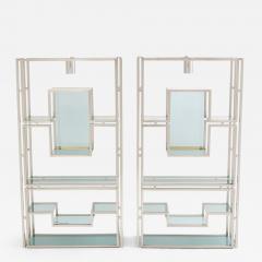 Kim Moltzer Pair of Kim Moltzer brushed steel brass green lucite shelving units 1970s - 2948597