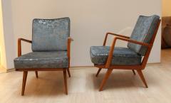 Knoll Midcentury Armchairs Cherry Wood Blue Silver Fabric - 874837