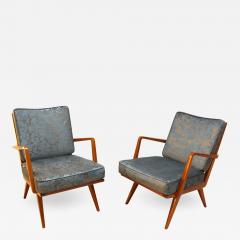 Knoll Midcentury Armchairs Cherry Wood Blue Silver Fabric - 875057