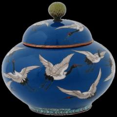 Kodenji Hayashi Meiji Japanese Cloisonne Enamel Flying Cranes Covered Jar - 3903998