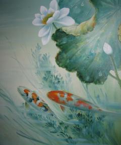 Koi Carp Oil Painting Signed Canvas on Board - 3276994