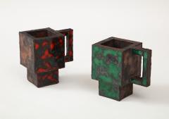 Kwangho Lee Pair of Red Green Enameled Copper Mugs by Kwengho Lee - 1880688