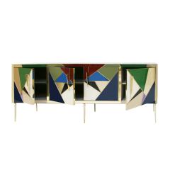 L A Studio Mid Century Modern Style Italian Sideboard Made of Wood Brass and Colored Glass - 1909964