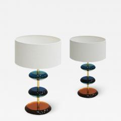 L A Studio Mid Century Modern Style Murano Glass and Brass Pair of Italian Table Lamps - 1594597