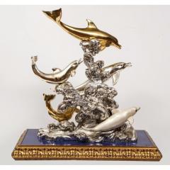 L Soprani Monumental Italian 925 Silver Lapis Dolphin Nautical Centerpiece Sculpture - 1111894