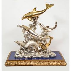 L Soprani Monumental Italian 925 Silver Lapis Dolphin Nautical Centerpiece Sculpture - 1111904