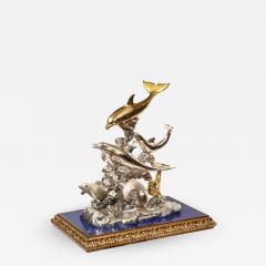 L Soprani Monumental Italian 925 Silver Lapis Dolphin Nautical Centerpiece Sculpture - 1112278