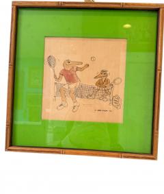 LACOSTE TONGUE IN CHEEK ALLIGATORS PLAYING TENNIS INK DRAWING BY CAROL MORGAN - 4573434