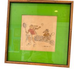 LACOSTE TONGUE IN CHEEK ALLIGATORS PLAYING TENNIS INK DRAWING BY CAROL MORGAN - 4573435