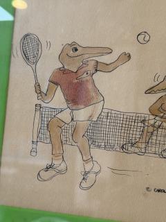 LACOSTE TONGUE IN CHEEK ALLIGATORS PLAYING TENNIS INK DRAWING BY CAROL MORGAN - 4573440