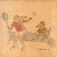 LACOSTE TONGUE IN CHEEK ALLIGATORS PLAYING TENNIS INK DRAWING BY CAROL MORGAN - 4574315