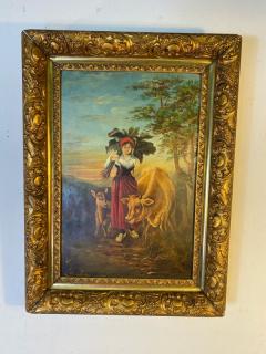 LUMINOUS 1900S FARM WOMAN WITH COWS OIL PAINTING - 1706597