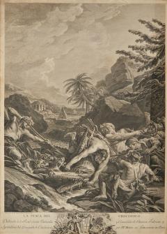 Large 18th Century Engraving of the New World Alligator Hunt  - 3701001