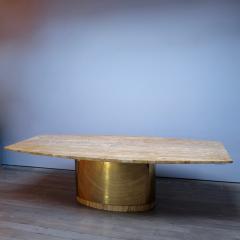 Large 1970s dining table in honey travertine with brass base banding - 4316533