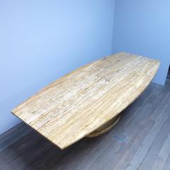 Large 1970s dining table in honey travertine with brass base banding - 4316534