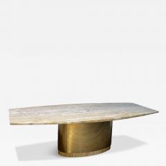 Large 1970s dining table in honey travertine with brass base banding - 4319669