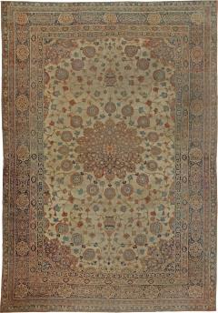 Large 19th Century Persian Tabriz Ivory Blue Gold and Green Handmade Wool Rug - 2461530