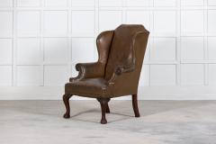 Large 19thC English Olive Leather Mahogany Wingback Armchair - 2674189