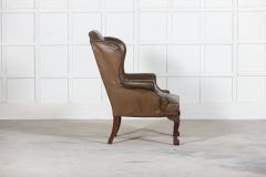 Large 19thC English Olive Leather Mahogany Wingback Armchair - 2674195