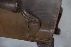 Large 19thC English Olive Leather Mahogany Wingback Armchair - 2674196
