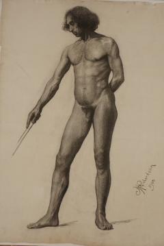 Large Academic Male Nude Charcoal on Paper Drawing 1905 - 790743