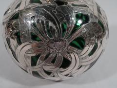 Large Antique American Art Nouveau Green Glass Silver Overlay Perfume - 3749071