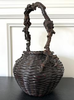 Large Antique Japanese Smoke Bamboo Basket Wisteria Root Handle Meiji Period - 4639244