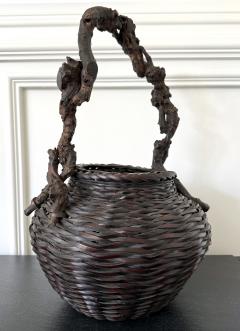 Large Antique Japanese Smoke Bamboo Basket Wisteria Root Handle Meiji Period - 4639245