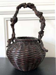 Large Antique Japanese Smoke Bamboo Basket Wisteria Root Handle Meiji Period - 4639246