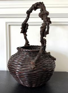 Large Antique Japanese Smoke Bamboo Basket Wisteria Root Handle Meiji Period - 4639247