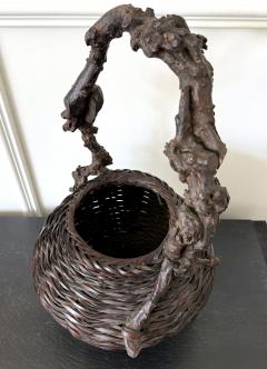 Large Antique Japanese Smoke Bamboo Basket Wisteria Root Handle Meiji Period - 4639248