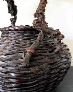 Large Antique Japanese Smoke Bamboo Basket Wisteria Root Handle Meiji Period - 4639250