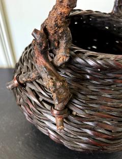 Large Antique Japanese Smoke Bamboo Basket Wisteria Root Handle Meiji Period - 4639253